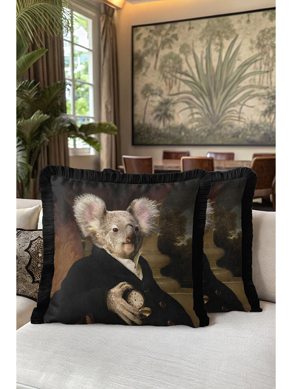 Karışık Asil Portre Hayvan Figürlü Saçaklı Yastık Kılıfı - Bohem Siyah Altın Renkli Püsküllü Kırlent Kılıfı-5