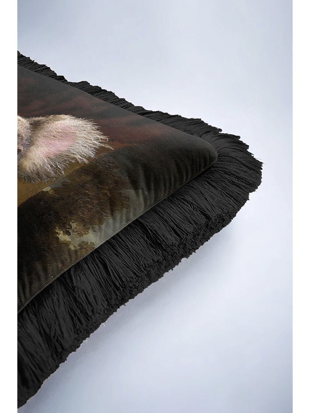 Karışık Asil Portre Hayvan Figürlü Saçaklı Yastık Kılıfı - Bohem Siyah Altın Renkli Püsküllü Kırlent Kılıfı-6