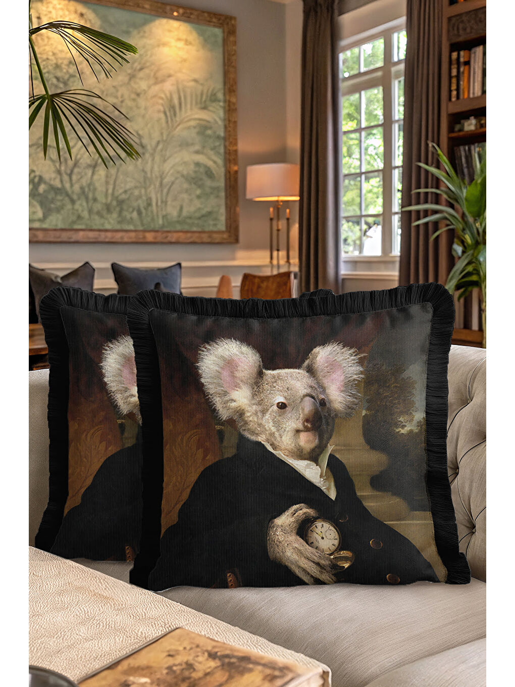 Karışık Asil Portre Hayvan Figürlü Saçaklı Yastık Kılıfı - Bohem Siyah Altın Renkli Püsküllü Kırlent Kılıfı-7