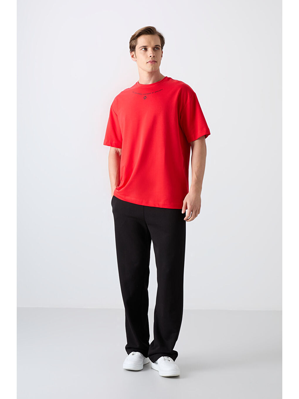 Kırmızı Fiesta Pamuklu Kalın Yumuşak Dokulu Oversize Fit Baskılı Erkek Tişört - 88343-1