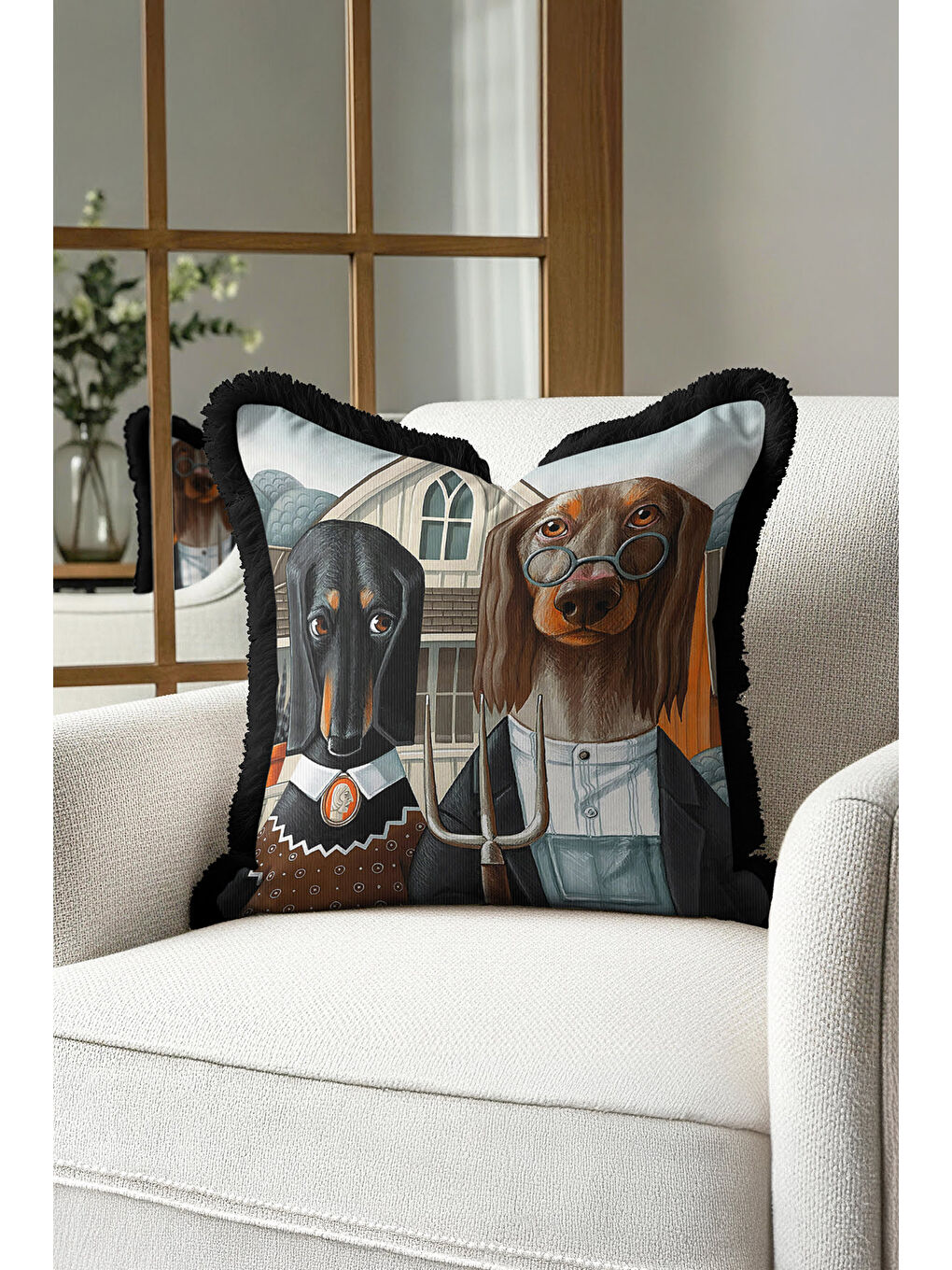 Karışık Vintage İlüstrasyon Saçaklı Yastık Kılıfı - Amerikan Gotik Rustik Kahverengi Püsküllü Kırlent Kılıfı