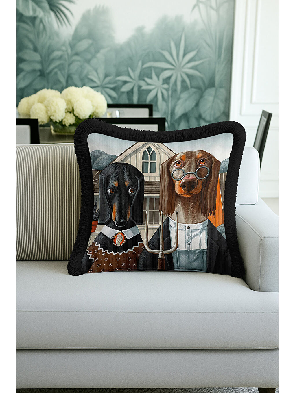 Karışık Vintage İlüstrasyon Saçaklı Yastık Kılıfı - Amerikan Gotik Rustik Kahverengi Püsküllü Kırlent Kılıfı-1