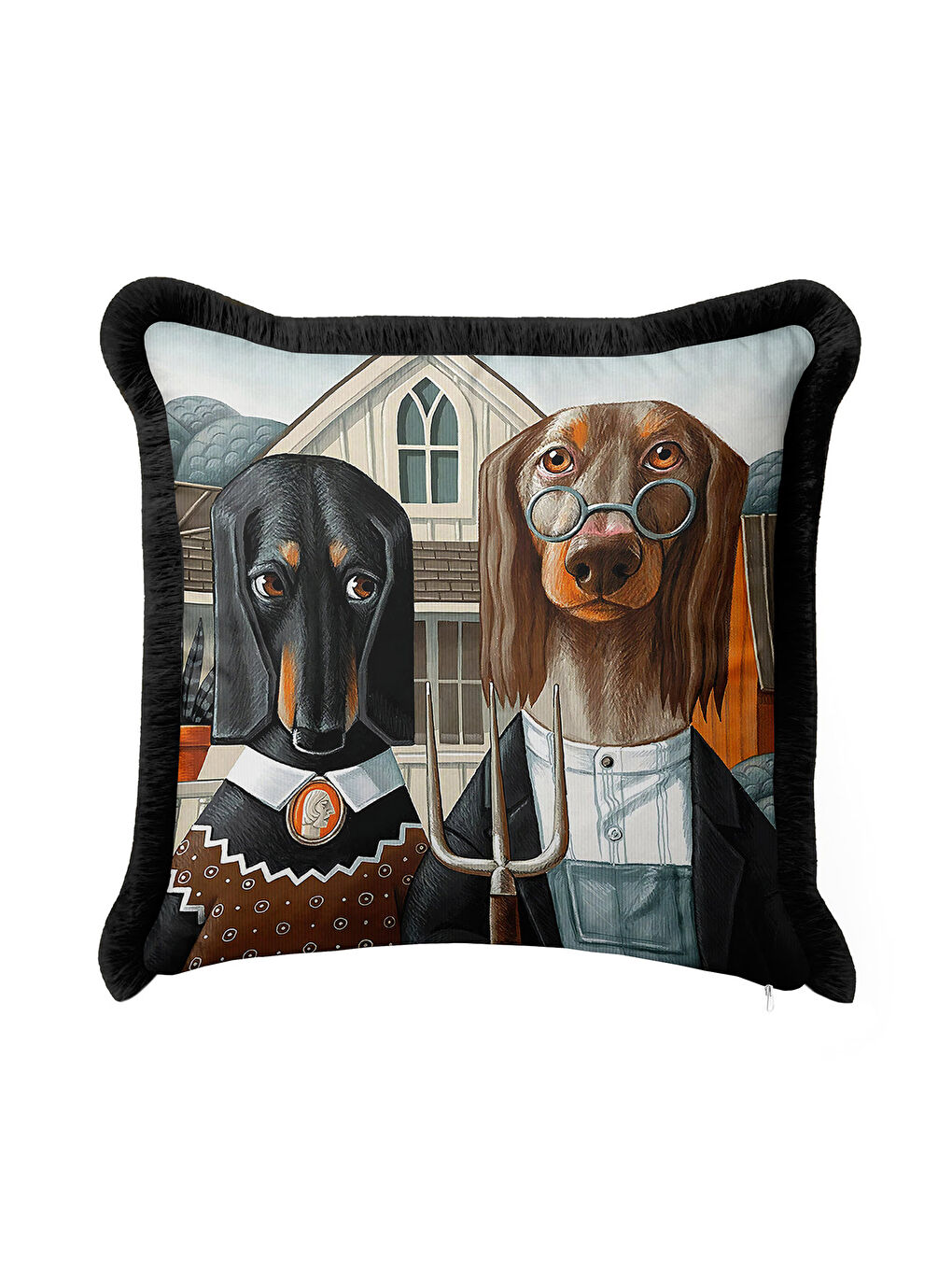 Karışık Vintage İlüstrasyon Saçaklı Yastık Kılıfı - Amerikan Gotik Rustik Kahverengi Püsküllü Kırlent Kılıfı-2