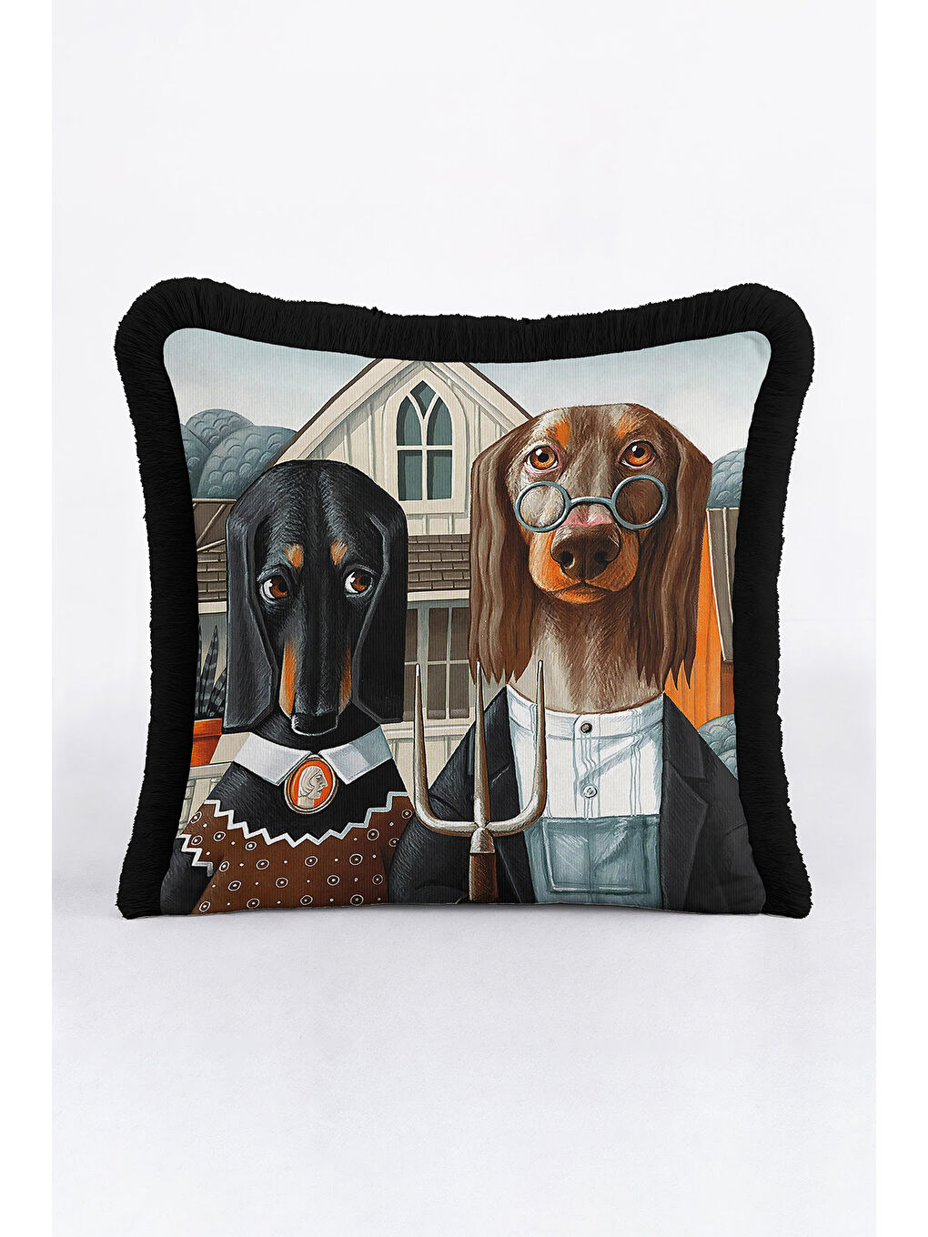 Karışık Vintage İlüstrasyon Saçaklı Yastık Kılıfı - Amerikan Gotik Rustik Kahverengi Püsküllü Kırlent Kılıfı-3