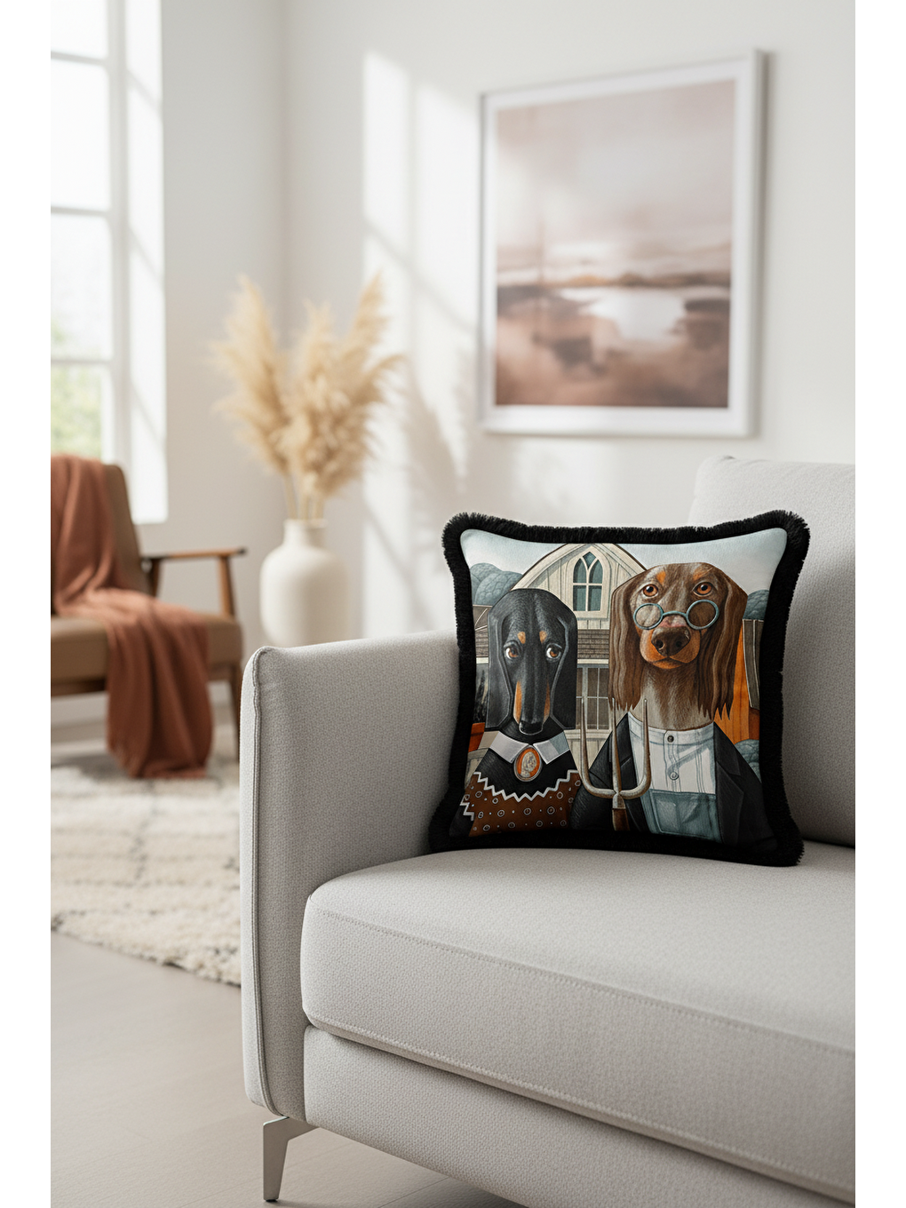 Karışık Vintage İlüstrasyon Saçaklı Yastık Kılıfı - Amerikan Gotik Rustik Kahverengi Püsküllü Kırlent Kılıfı-4