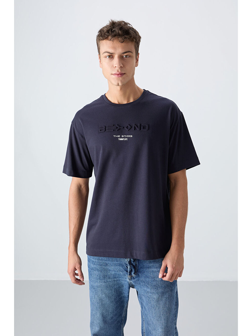 Lacivert Pamuklu Kalın Yumuşak Dokulu Oversize Fit Baskılı Erkek Tişört - 88328