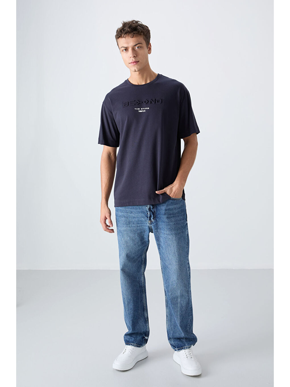 Lacivert Pamuklu Kalın Yumuşak Dokulu Oversize Fit Baskılı Erkek Tişört - 88328-1