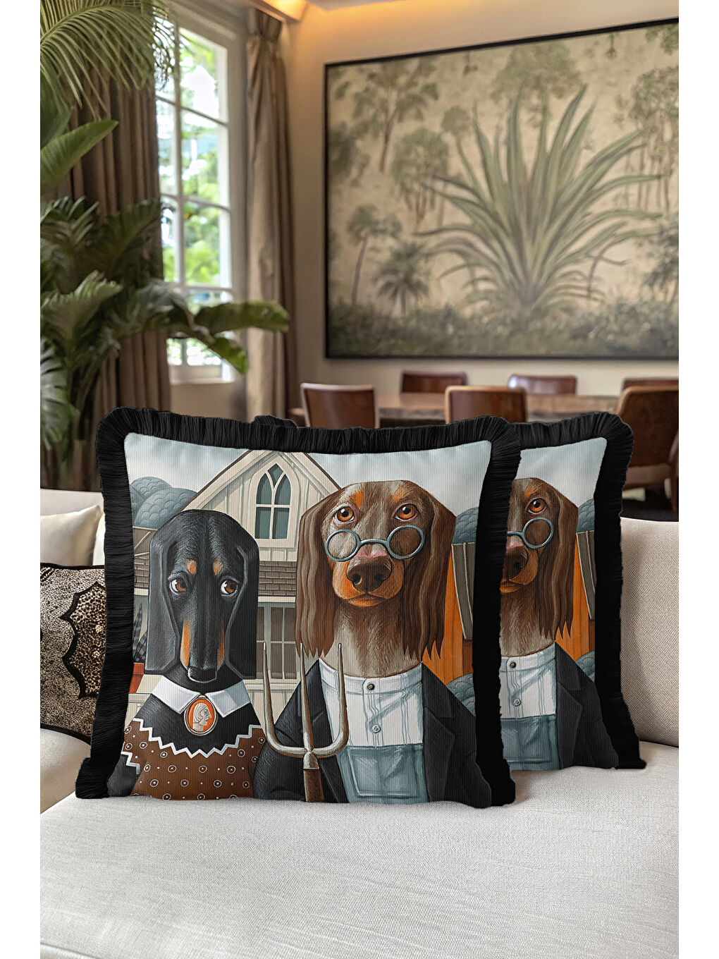 Karışık Vintage İlüstrasyon Saçaklı Yastık Kılıfı - Amerikan Gotik Rustik Kahverengi Püsküllü Kırlent Kılıfı-5