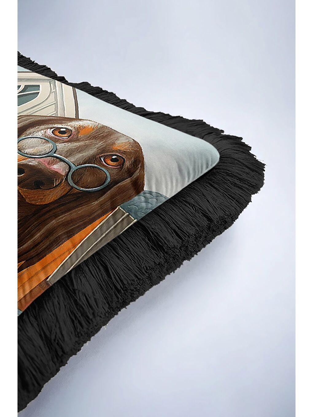 Karışık Vintage İlüstrasyon Saçaklı Yastık Kılıfı - Amerikan Gotik Rustik Kahverengi Püsküllü Kırlent Kılıfı-6