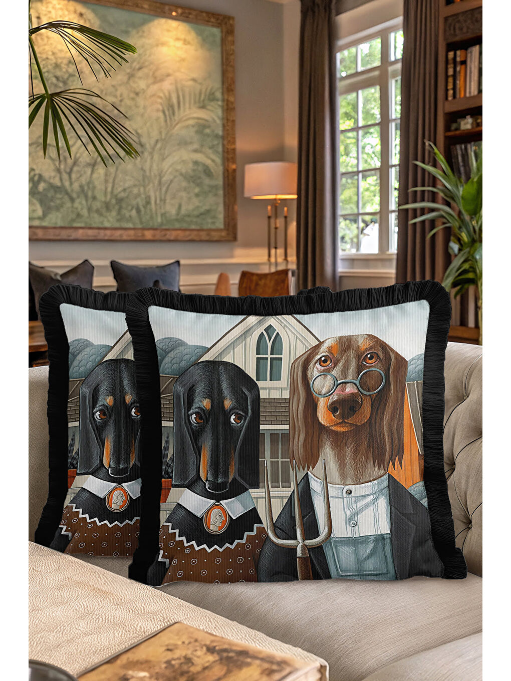 Karışık Vintage İlüstrasyon Saçaklı Yastık Kılıfı - Amerikan Gotik Rustik Kahverengi Püsküllü Kırlent Kılıfı-7