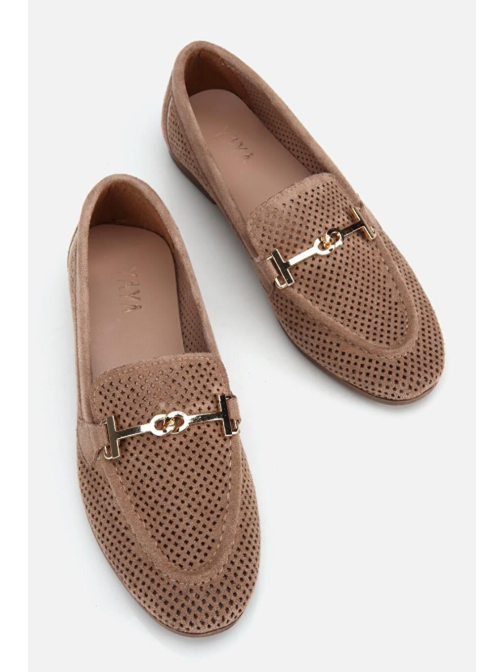 Bej Kadın Vizon Süet Tokalı Zımba Detaylı Loafer-5