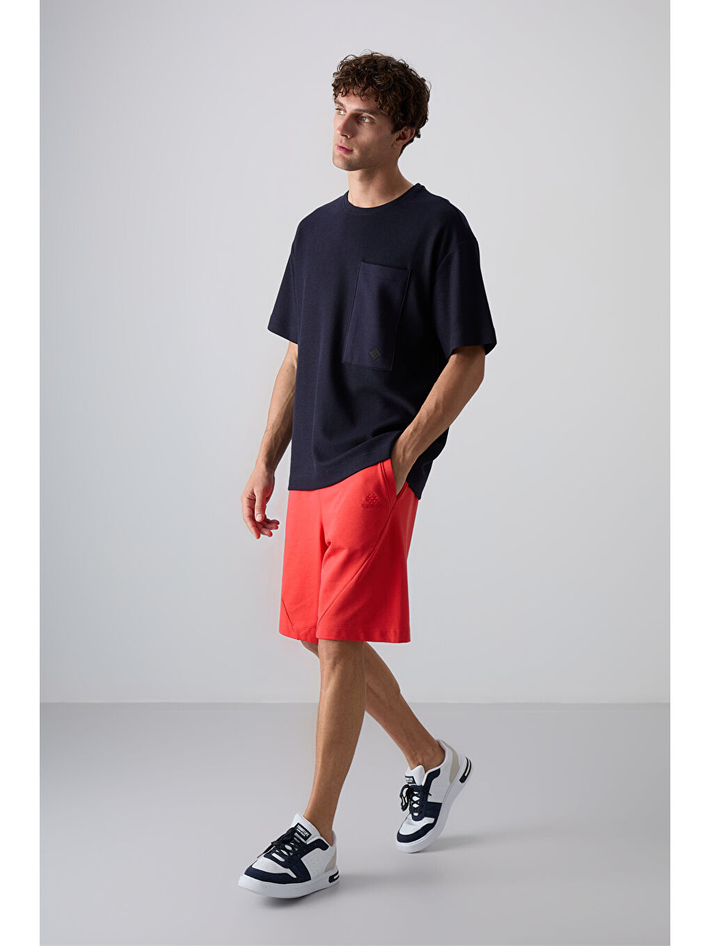 Lacivert Pamuklu Kalın Yüzeyi Dokulu Oversize Fit Basic Erkek Tişört - 88341-3