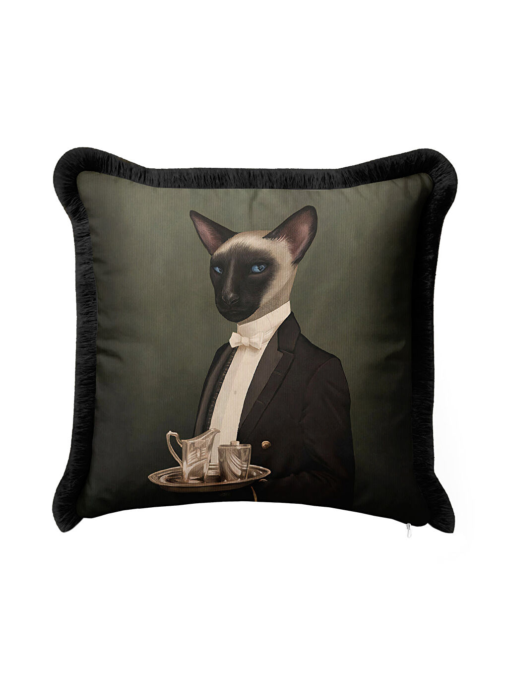 Karışık Royal Şıklık Saçaklı Yastık Kılıfı - Klasik Portre Vintage Siyah Püsküllü Kırlent Kılıfı-1