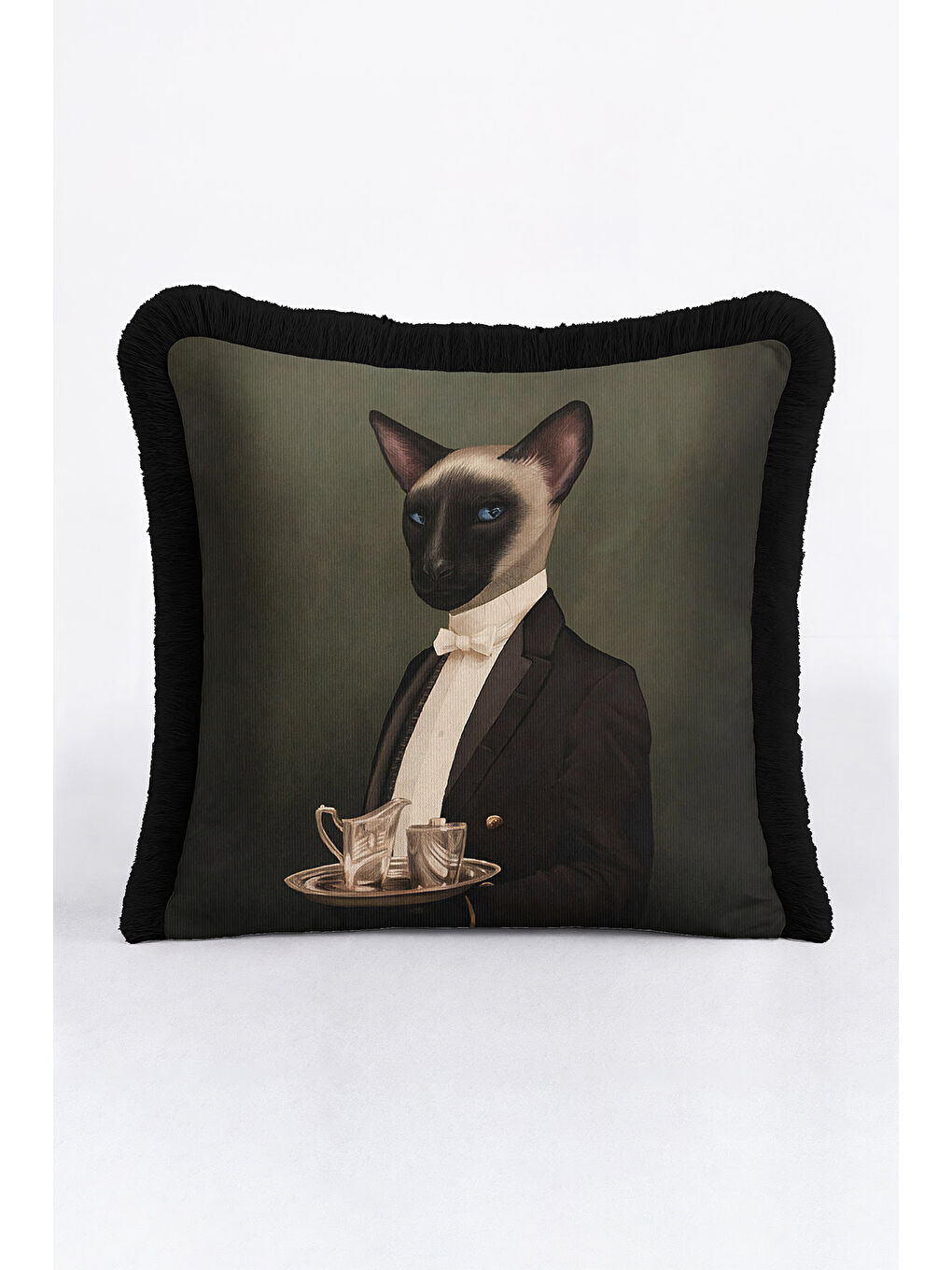 Karışık Royal Şıklık Saçaklı Yastık Kılıfı - Klasik Portre Vintage Siyah Püsküllü Kırlent Kılıfı-2