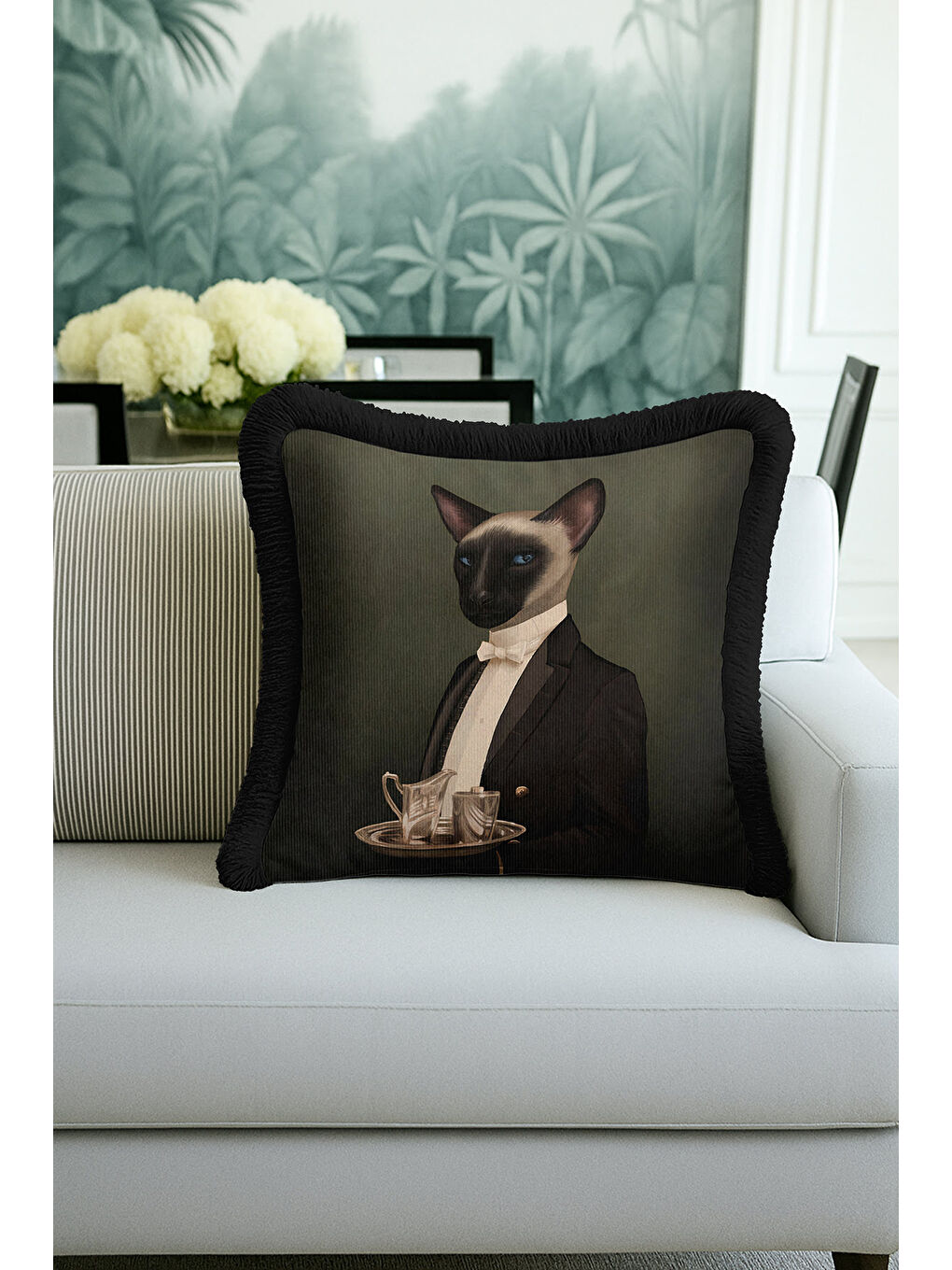 Karışık Royal Şıklık Saçaklı Yastık Kılıfı - Klasik Portre Vintage Siyah Püsküllü Kırlent Kılıfı-3