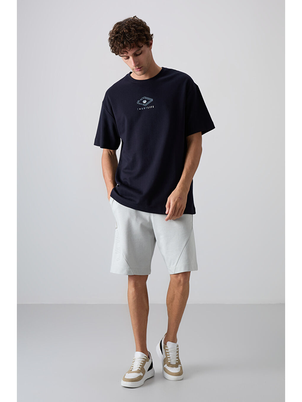 Lacivert Pamuklu Kalın Yumuşak Dokulu Oversize Fit Baskılı Erkek Tişört - 88325-1