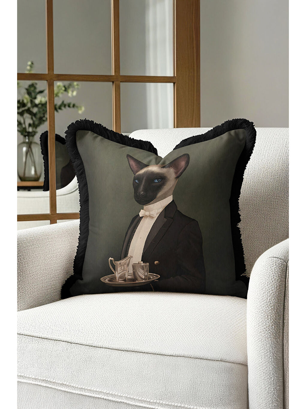 Karışık Royal Şıklık Saçaklı Yastık Kılıfı - Klasik Portre Vintage Siyah Püsküllü Kırlent Kılıfı-4