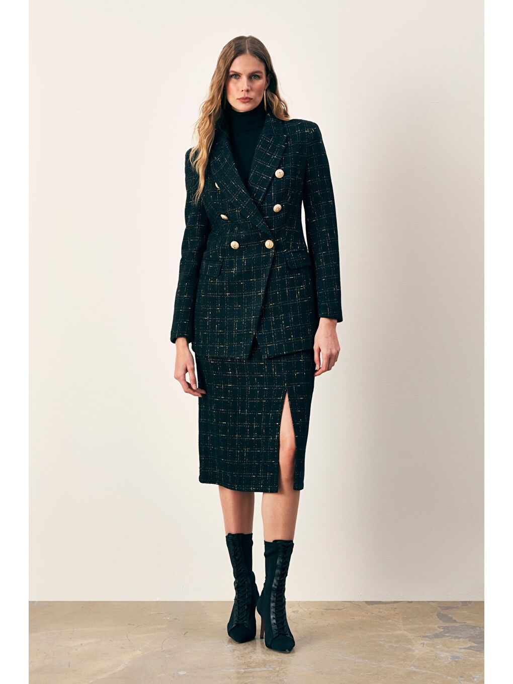 Simli Midi Boy Tüvit Etek - Siyah