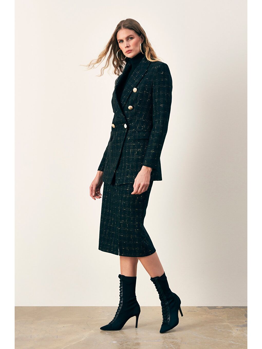 Simli Midi Boy Tüvit Etek - Siyah-1