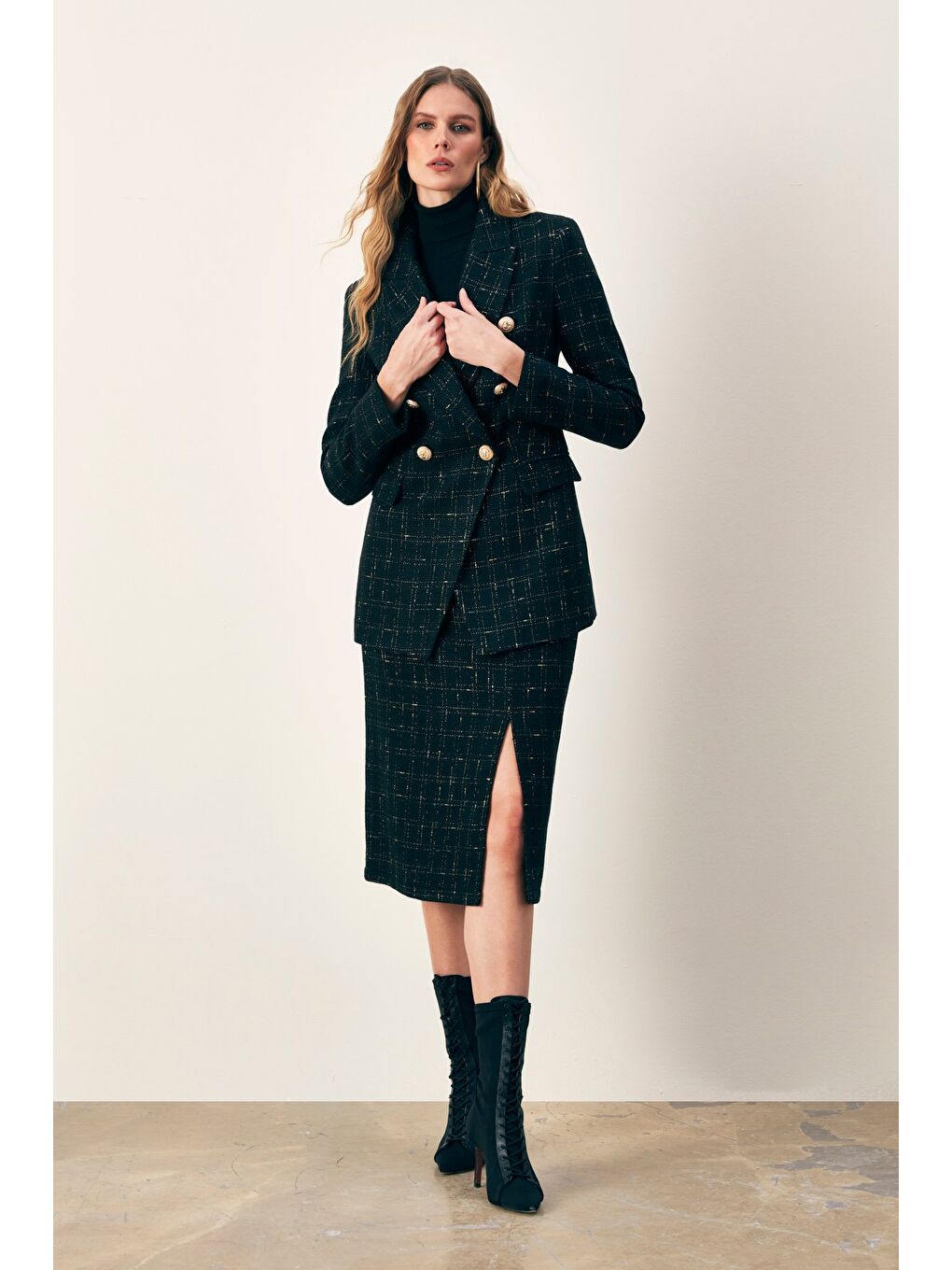 Simli Midi Boy Tüvit Etek - Siyah-2