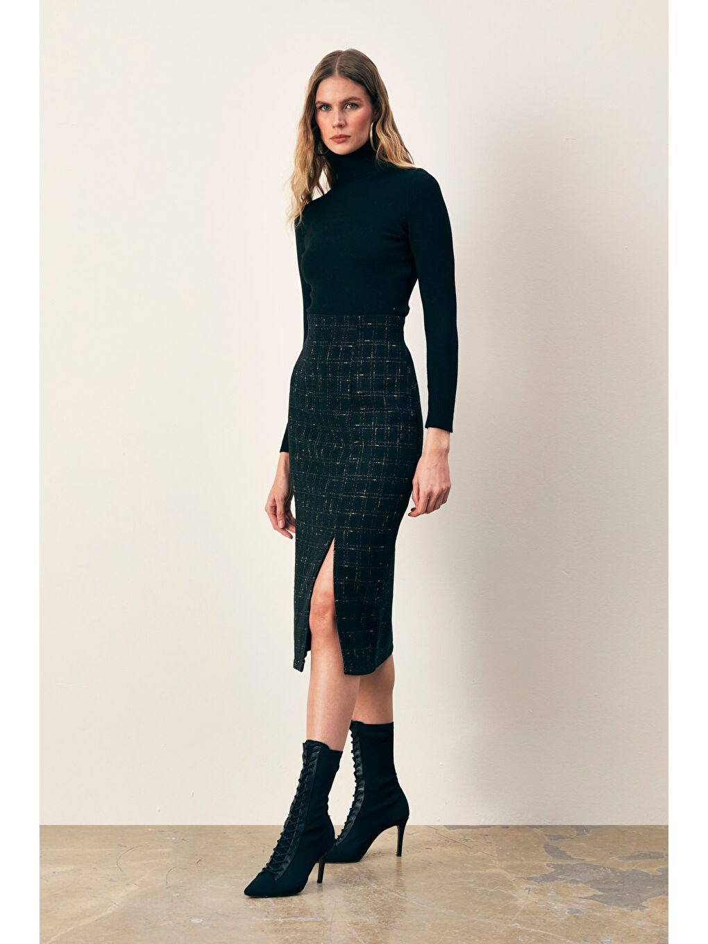 Simli Midi Boy Tüvit Etek - Siyah-3