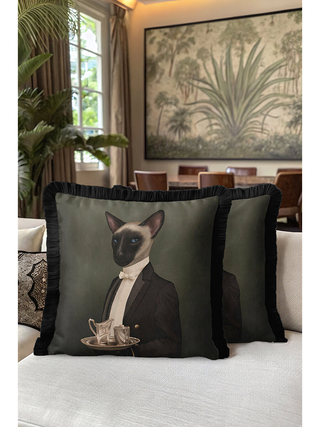 Karışık Royal Şıklık Saçaklı Yastık Kılıfı - Klasik Portre Vintage Siyah Püsküllü Kırlent Kılıfı-5