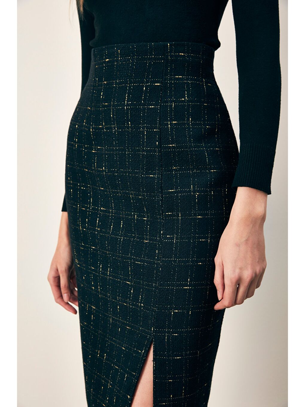 Simli Midi Boy Tüvit Etek - Siyah-4