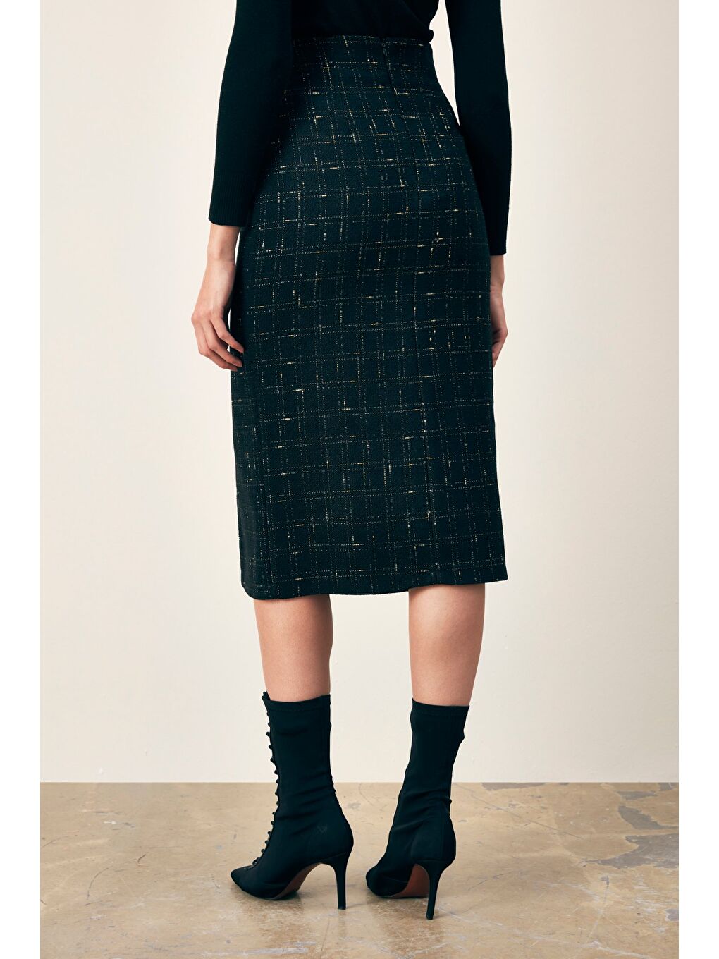 Simli Midi Boy Tüvit Etek - Siyah-5