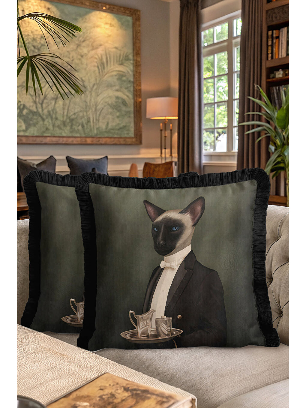 Karışık Royal Şıklık Saçaklı Yastık Kılıfı - Klasik Portre Vintage Siyah Püsküllü Kırlent Kılıfı-7