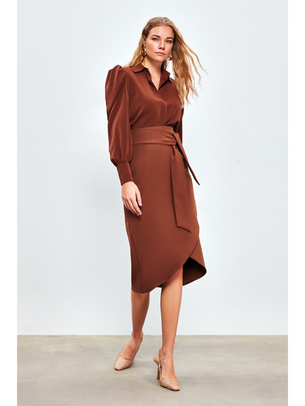 Kahverengi Kuşaklı Kalem Etek - Kahve-1