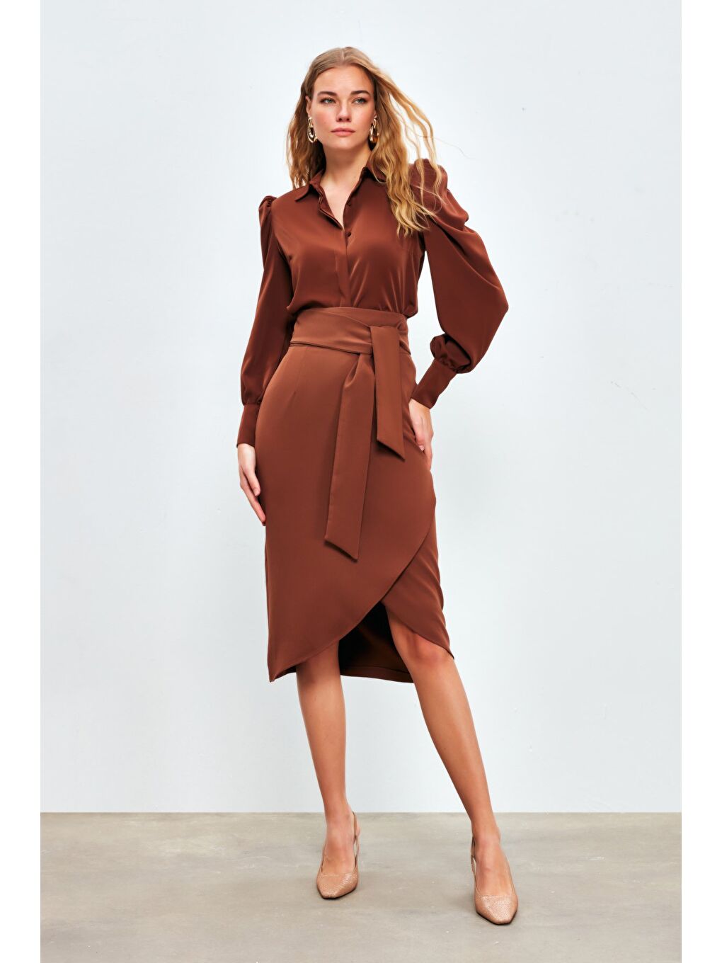 Kahverengi Kuşaklı Kalem Etek - Kahve-2