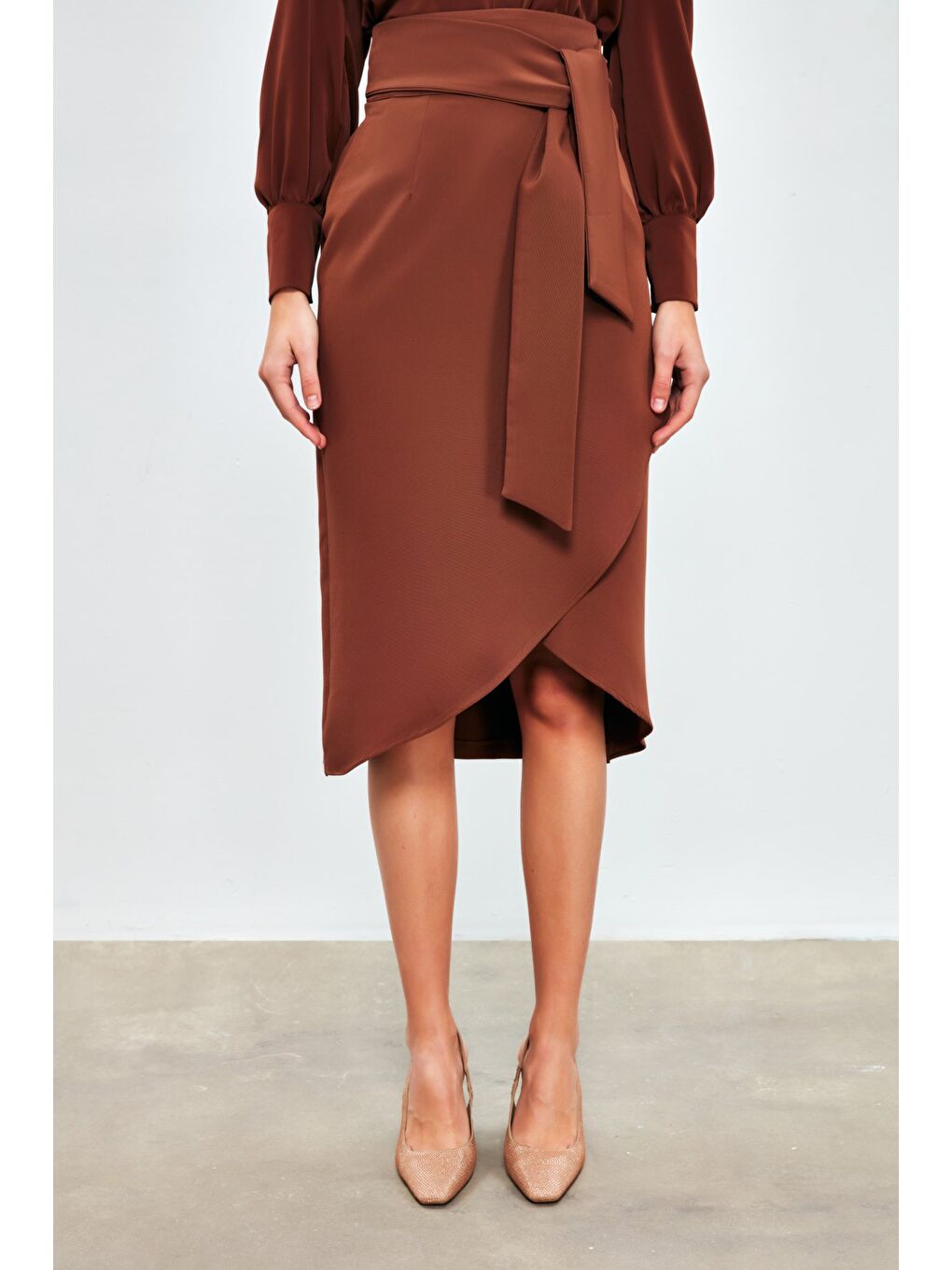Kahverengi Kuşaklı Kalem Etek - Kahve-3