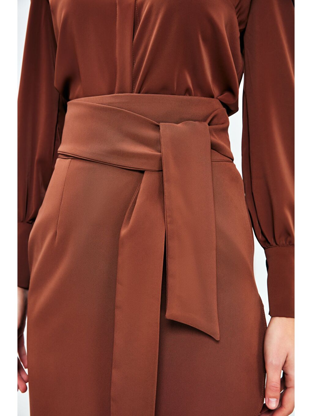 Kahverengi Kuşaklı Kalem Etek - Kahve-4