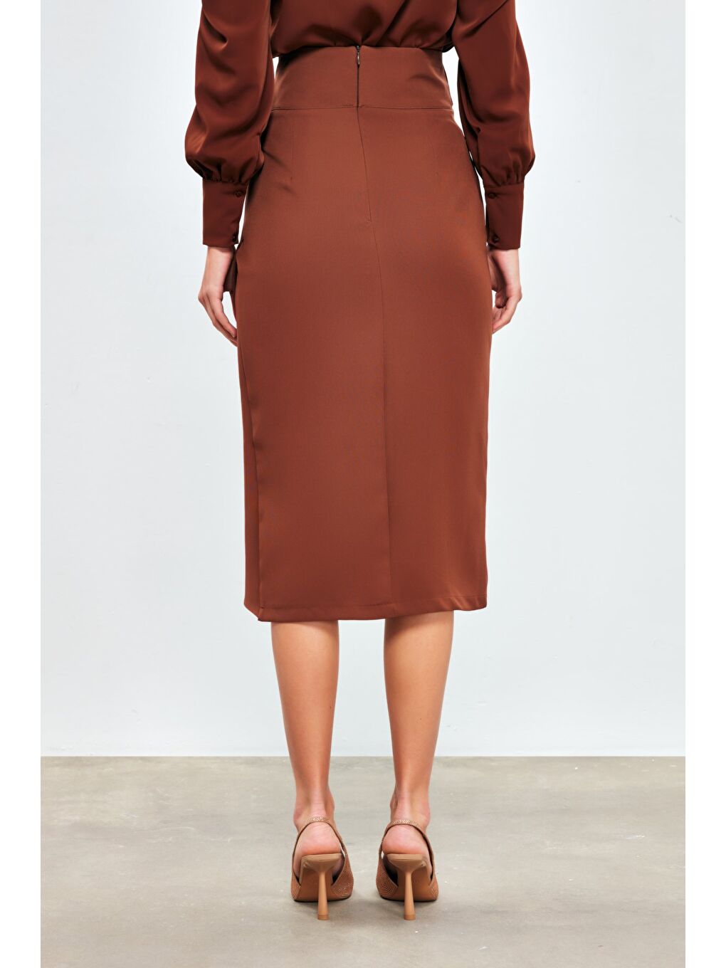 Kahverengi Kuşaklı Kalem Etek - Kahve-5