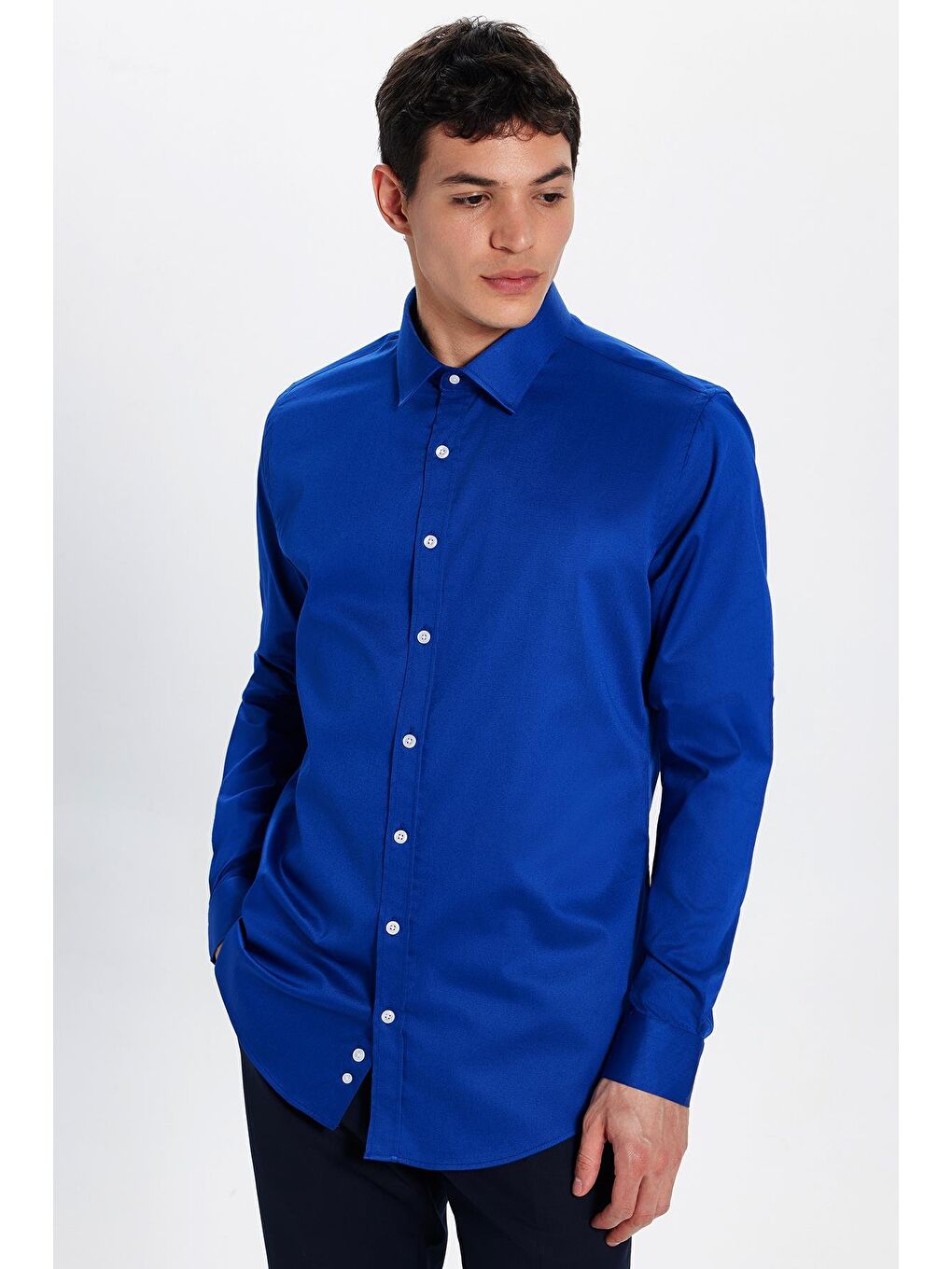 Erkek Slim Fit Dar Kesim Uzun Kollu Pamuklu Premium Seri Pamuk Elastanlı Saks Mavi Gömlek