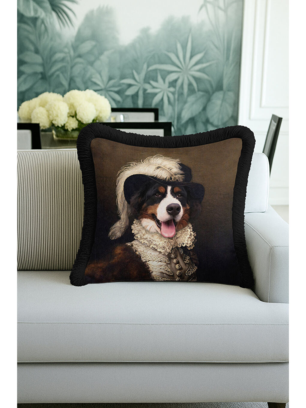 Karışık Saray Stili Saçaklı Yastık Kılıfı - Retro Portre Kahverengi Siyah Püsküllü Kırlent Kılıfı-4