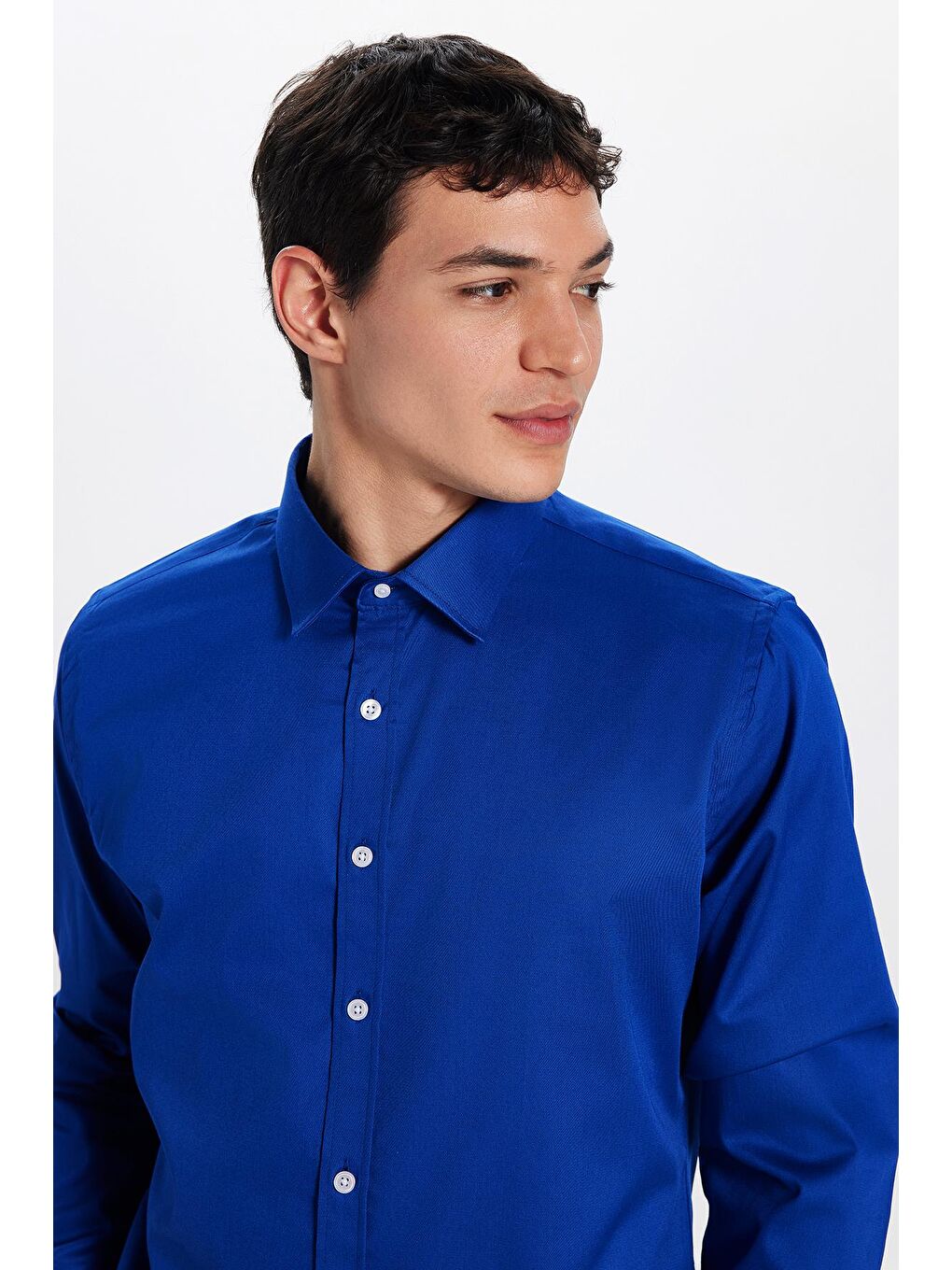 Erkek Slim Fit Dar Kesim Uzun Kollu Pamuklu Premium Seri Pamuk Elastanlı Saks Mavi Gömlek-1