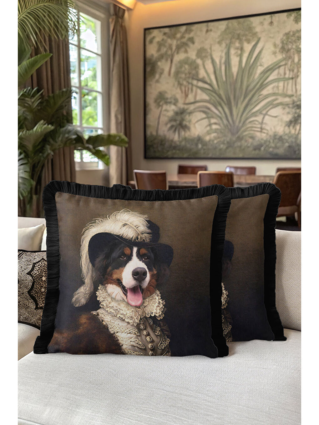 Karışık Saray Stili Saçaklı Yastık Kılıfı - Retro Portre Kahverengi Siyah Püsküllü Kırlent Kılıfı-5