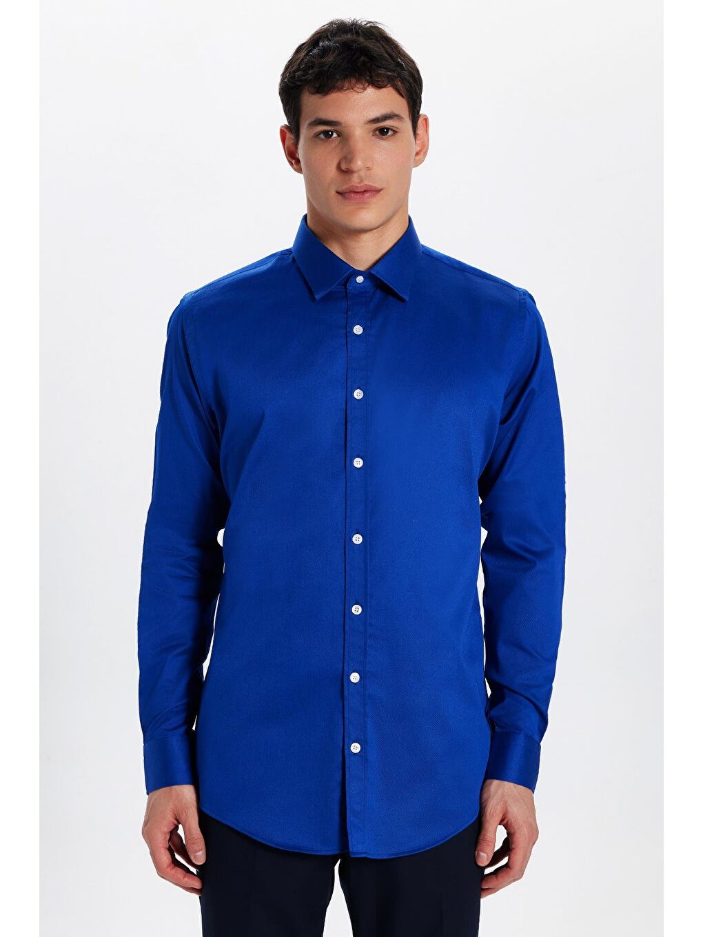 Erkek Slim Fit Dar Kesim Uzun Kollu Pamuklu Premium Seri Pamuk Elastanlı Saks Mavi Gömlek-2