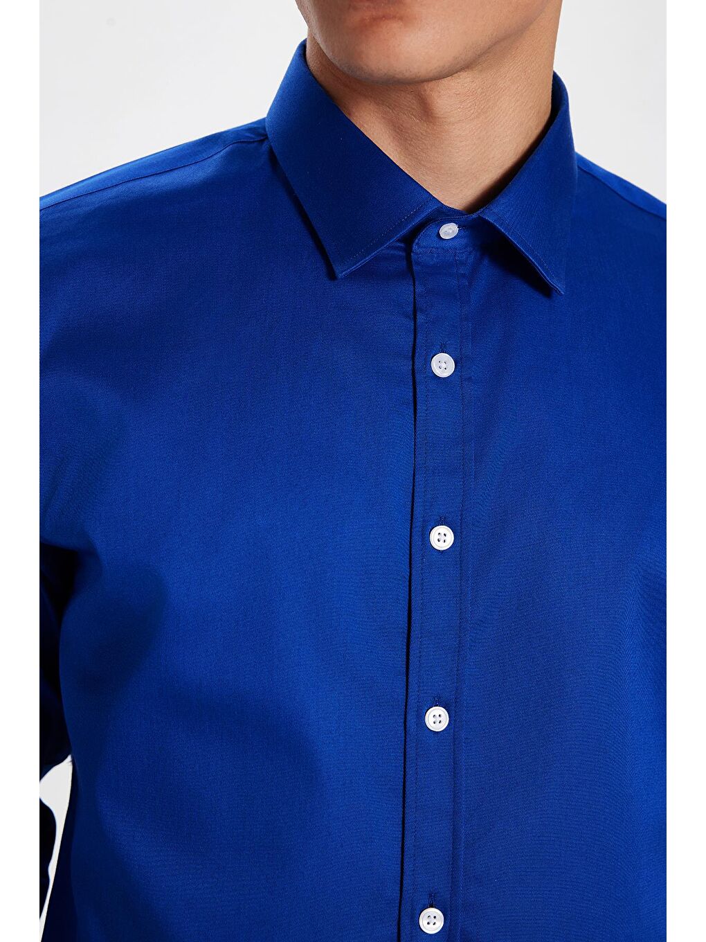 Erkek Slim Fit Dar Kesim Uzun Kollu Pamuklu Premium Seri Pamuk Elastanlı Saks Mavi Gömlek-3