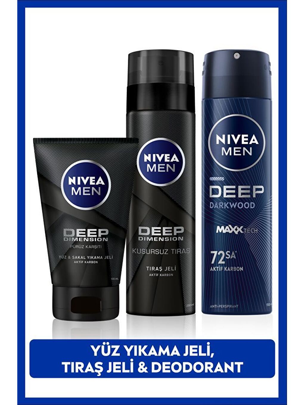 NIVEA Men Deep Dimension Erkek Kişisel Bakım Seti, Deodorant 150 ml, Tıraş Jeli 200 ml Ve Yüz&Sakal Jeli