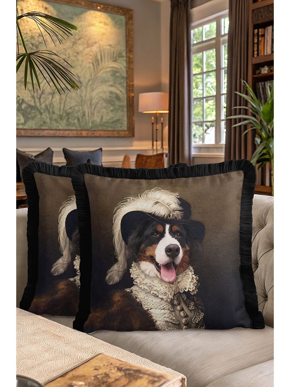 Karışık Saray Stili Saçaklı Yastık Kılıfı - Retro Portre Kahverengi Siyah Püsküllü Kırlent Kılıfı-7