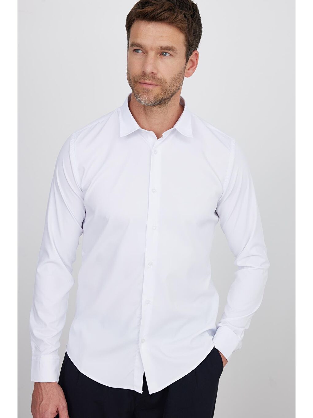 Slim Fit Uzun Kollu Elastanlı Düz Stretch Beyaz Erkek Gömlek