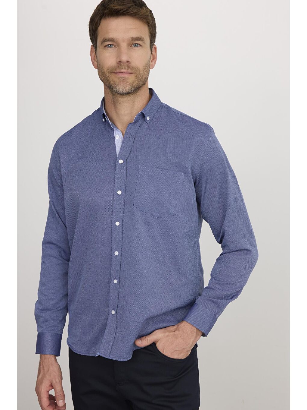 Lacivert Erkek Regular Fit Klasik Kesim Düğmeli Yaka Pamuklu Kolay Ütü Oxford Düz Gömlek-1