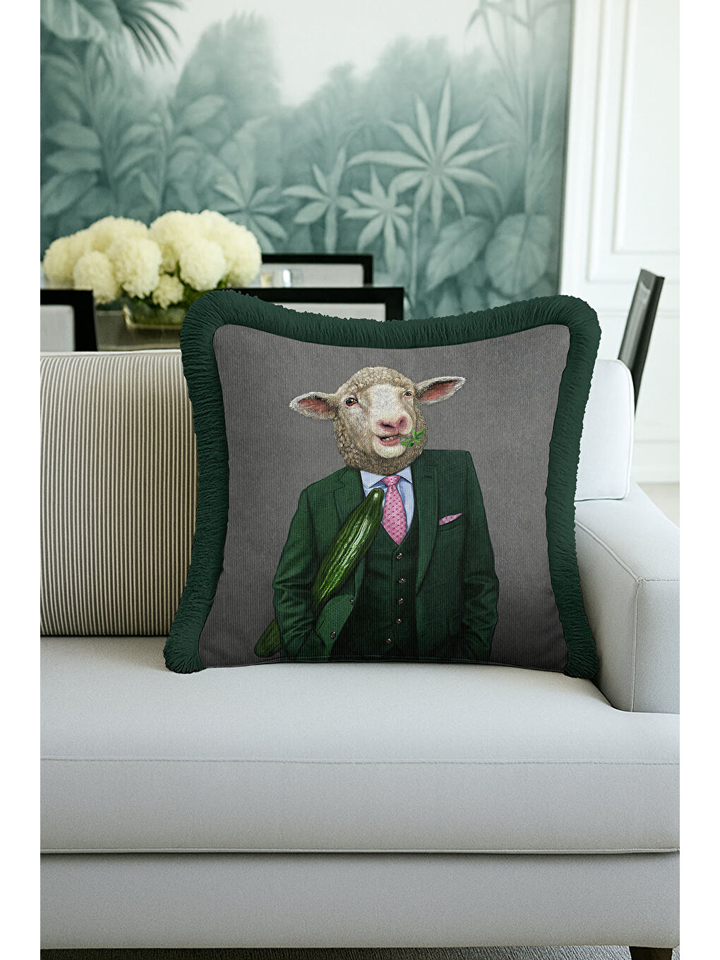 Karışık Avangart Yün Giyimli Koyun Saçaklı Yastık Kılıfı - Mizahi Modern Yeşil Gri Püsküllü Kırlent Kılıfı