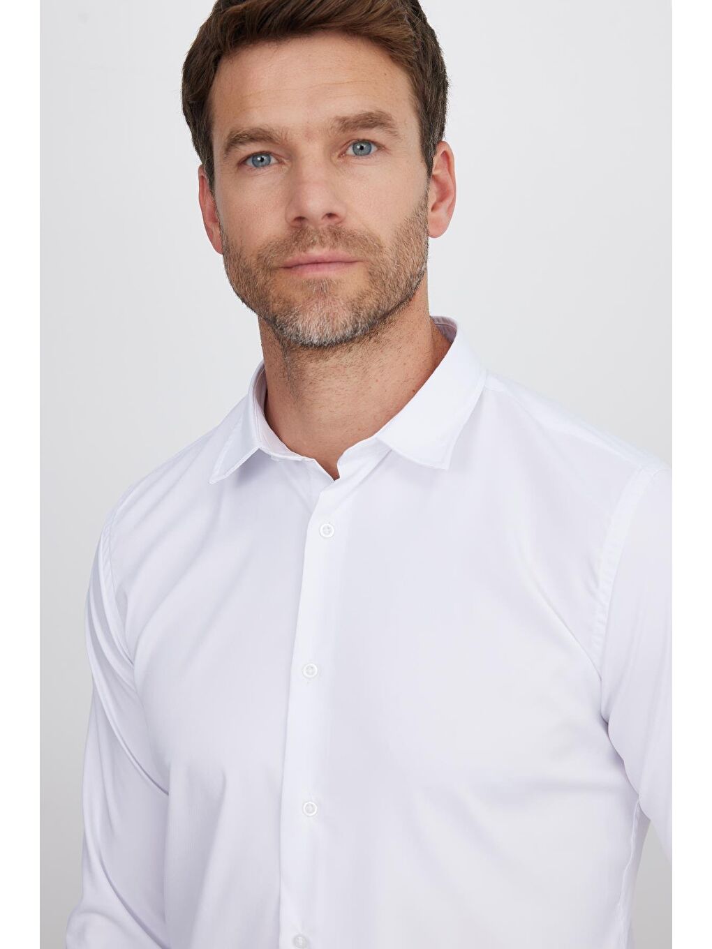 Slim Fit Uzun Kollu Elastanlı Düz Stretch Beyaz Erkek Gömlek-1
