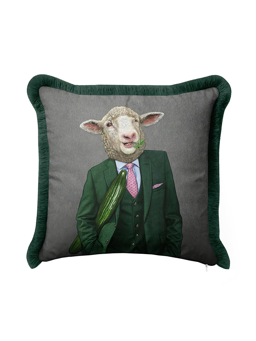 Karışık Avangart Yün Giyimli Koyun Saçaklı Yastık Kılıfı - Mizahi Modern Yeşil Gri Püsküllü Kırlent Kılıfı-1