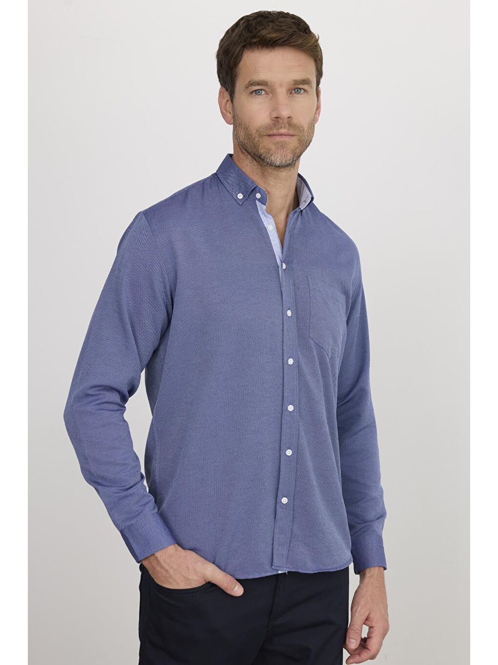 Lacivert Erkek Regular Fit Klasik Kesim Düğmeli Yaka Pamuklu Kolay Ütü Oxford Düz Gömlek-4