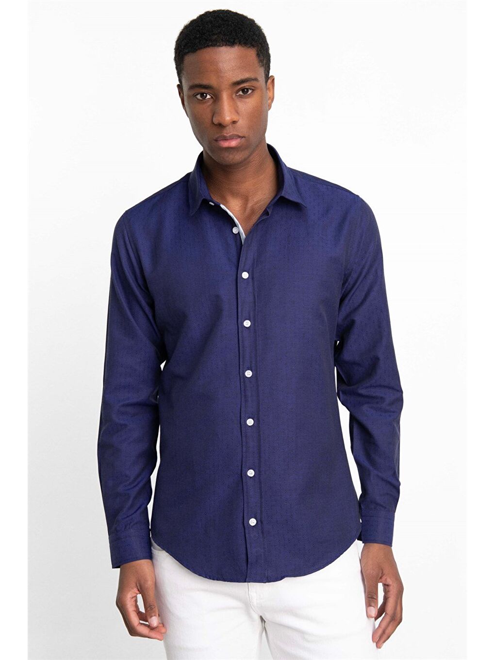 Slim Fit Uzun Kollu Oxford Doku Armürlü Biyeli Erkek Lacivert Gömlek-1