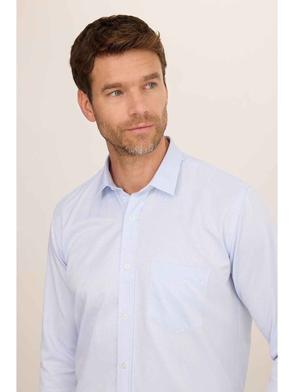 Erkek Regular Fit Klasik Kesim Pamuklu Kolay Ütü Armürlü Mavi Gömlek-1